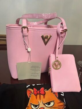 Valentino Orlandi Pink Tote with Matching Pouch and Gold Emblems